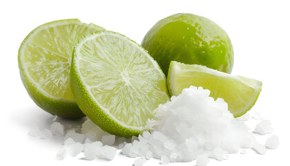 Cut lime and salt isolated on white. Margarita cocktail ingredients