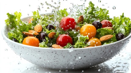 Fresh salad with cherry tomatoes, almonds, and olives in a bowl with water splashing.