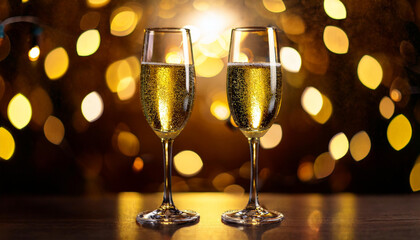 Glasses of champagne with golden bokeh on background. Alcoholic drink. Tasty festive beverage.