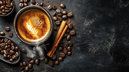 An overhead view of a freshly brewed pot of coffee with steam, surrounded by coffee beans and cinnamon sticks