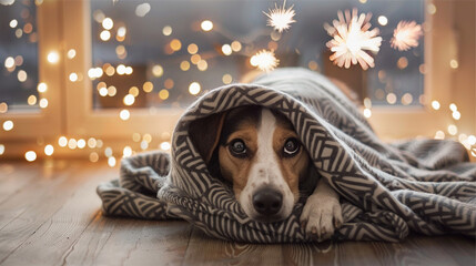 A frightened dog hiding under blankets, scared of fireworks