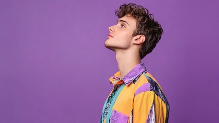 Photo portrait of attractive young man profile empty space dressed stylish colorful clothes isolated on violet color background