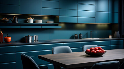 Wall Mural - Sleek and minimalist kitchen with matte navy blue cabinetry, under-shelf lighting, and a clean, modern aesthetic.