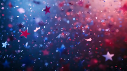 Happy Independence day, 4th July national holiday. Festive confetti sparkles and stars blue and red patriotic celebration