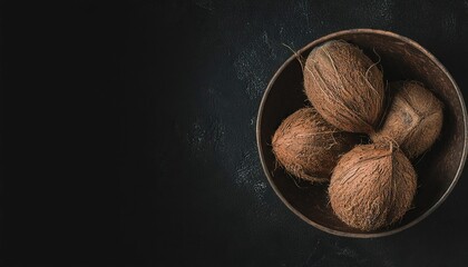  coconut in a bowl on a black background, top view, copy space