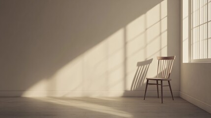 minimalist scene of a single chair in an empty room, with soft light from a nearby window creating a