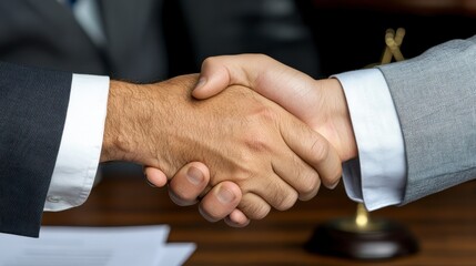 A close-up of a handshake between two professionals, symbolizing agreement and collaboration in a business setting.