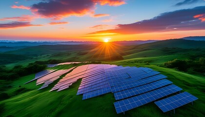 Stunning sunrise illuminating solar panels amidst a vibrant landscape, celebrating the harmony between sustainable energy and natural beauty.