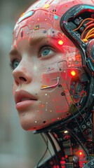 Poster - cyborg, futuristic, fullshot, upperbody, surrealistic, rainbow-color, cyborg head, human head, flashy, gorgeous, strong colors, attractive, woman brain have a lot of cables and wires, photorealistic, 