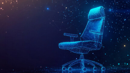 Wall Mural - An abstract image of an office chair rendered in low poly, depicted as a starry sky or space. Composed of points, lines, and shapes resembling planets, stars, and the universe. Vector wireframe concep