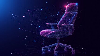 Wall Mural - An abstract image of an office chair rendered in low poly, depicted as a starry sky or space. Composed of points, lines, and shapes resembling planets, stars, and the universe. Vector wireframe concep