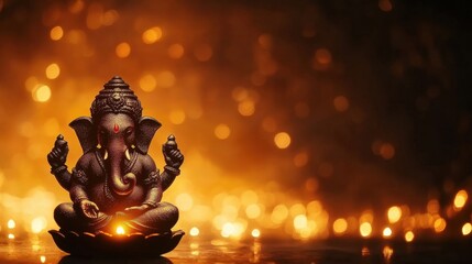 Ganesha statue on a lotus flower with a festive bokeh background. Concept of Hinduism, spirituality and Indian culture.