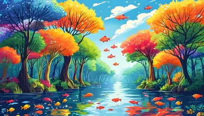 Enchanting forest above water with vivid trees and colorful fish swimming beneath, celebrating the splendor of nature.