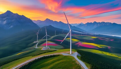 Vibrant landscape featuring wind turbines amidst colorful mountains, highlighting the beauty of renewable energy in a scenic view.