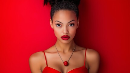 A woman wearing a red dress and necklace with a red ball pendant. She is standing in front of a red background