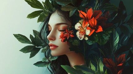 A woman with closed eyes surrounded by flowers and leaves.