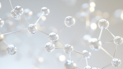 Minimalist molecule design with delicate, clear spheres and thin, silver connectors, elegantly positioned on a light backdrop