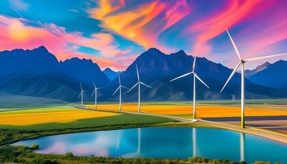 Vibrant landscape featuring wind turbines amidst colorful mountains, highlighting the beauty of renewable energy in a scenic view.