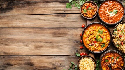 Indian food with curry, rice, and vegetable dishes on a wooden table.