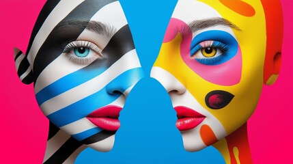 Wall Mural - two women with colorful faces painted on a pink background. the women are wearing lipstick and have 