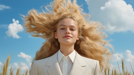 Sticker - A blonde woman with long hair is standing in a field with a blue sky in the background. She is wearing a white shirt and a suit jacket