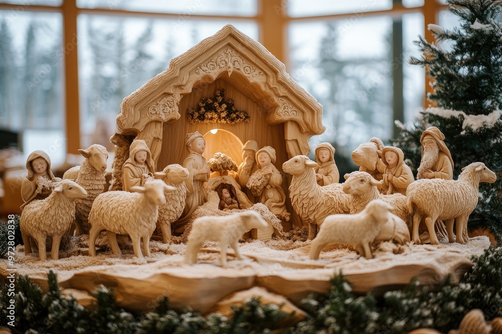 Wooden nativity scene depicting the birth of jesus with mary and joseph ...