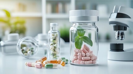 A serene look at colorful capsules and herbal ingredients, showcasing pharmaceutical and scientific concepts in a modern workspace.