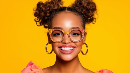 Sticker - A woman with colorful glasses and hoop earrings is smiling. Concept of happiness and positivity