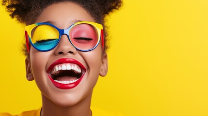 Sticker - A woman with a bright smile and colorful glasses. She is wearing red lipstick and has a colorful eye makeup