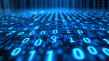 Binary code in bright blue, representing digital data or technology.