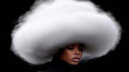 Wall Mural - a woman with a huge white cloud on her head. the cloud is made of cotton candy and it looks like it'