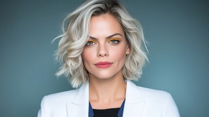 Wall Mural - a woman with blonde hair and yellow eyes is wearing a white jacket and standing in front of a blue w
