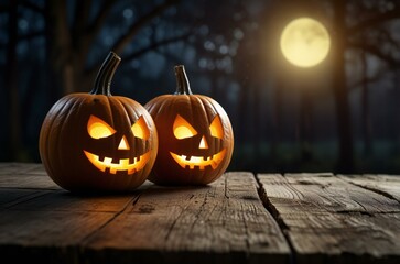 Sticker - halloween pumpkin on a wooden background