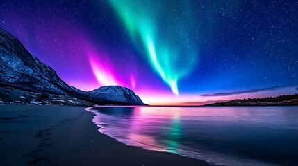 the aurora borealis dances over a beach, illuminating the night sky with vibrant colors.