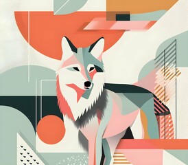 Modern style poster with wolf , The animal is set against a background of abstract forms and pastel colors