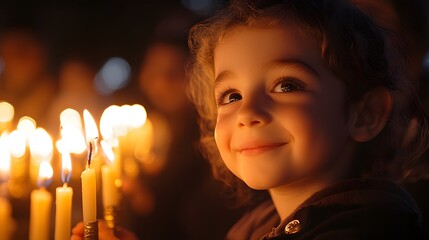 A menorah lighting event in a public park, families gathered to celebrate the festive moment as candles glow brightly.