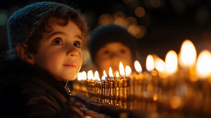 A menorah lighting event in a public park, families gathered to celebrate the festive moment as candles glow brightly.