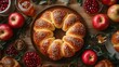 © Warakorn - A traditional holiday table featuring round challah with raisins, apples with honey, and pomegranates, arranged to celebrate Rosh Hashanah.