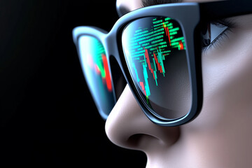 A woman's face is reflected in a pair of glasses with a green screen. The glasses are designed to show the stock market and the woman's face is the reflection of the market