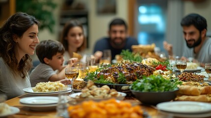 Diverse families coming together to celebrate Rosh Hashanah, sharing a festive meal around a beautifully arranged dinner table.