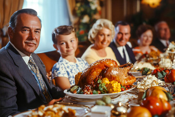 Family enjoying Thanksgiving dinner in 1960s, with turkey and sides