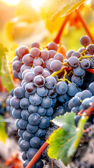 Ripe blue grapes covered with morning dew are hanging on a vine in a vineyard, ready to be harvested