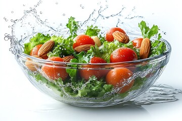 Wall Mural - Fresh salad with tomatoes, lettuce, and almonds, splash of water.