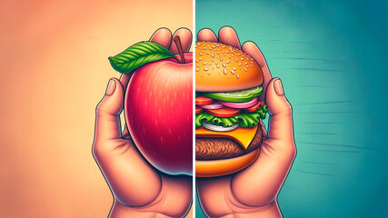 comparison: one hand holds an apple, the other hand opposite holds a hamburger. concept healthy natu