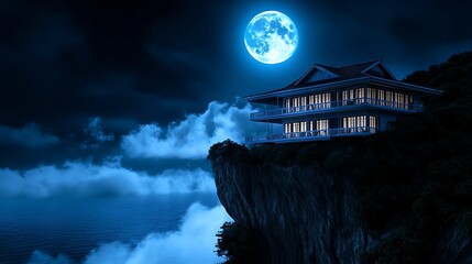 A modern house perched on a cliff, with a full moon at night.