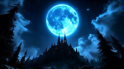 A mysterious castle illuminated by a blue moon.