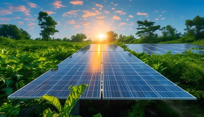 Wall Mural - Brilliant solar panel amidst vibrant greenery under a clear sky, representing the power of renewable energy and commitment to sustainability