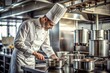 © NeuralStudio - European chef with beard seen preparing a dish in a professional kitchen setting displaying culinary expertise stainless steel pots visible available at the countertop in a restaurant environment.