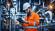 © Curioso.Photography - Industrial engineer wearing a hard hat and high-visibility jacket using a tablet in a large factory.