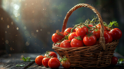 Wicker basket overflowing with freshly picked red tomatoes on a vine sits on a dark wooden surface